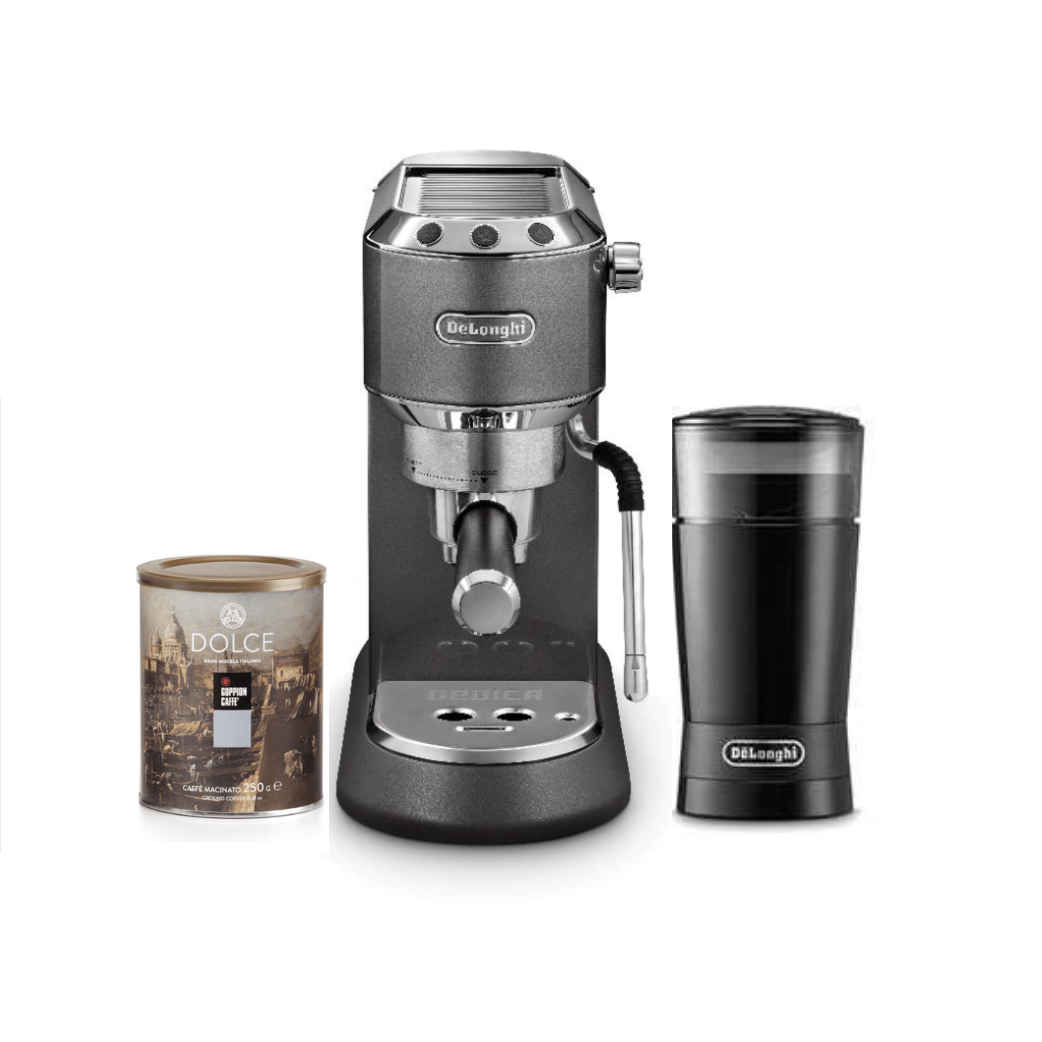 מטחנת קפה ביתית KG200 Delonghi + מכונת קפה ידנית דדיקה METALLICS EC885