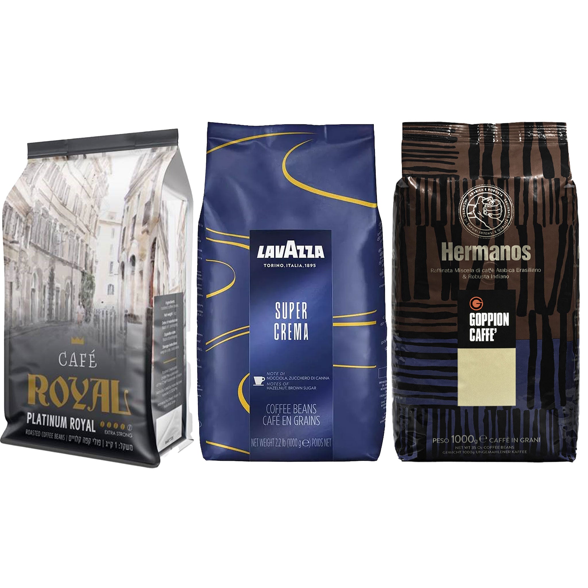 מבצע מארז 3 ק"ג פולי קפה Lavazza Super Crema + Goppion Hermanos + Royal Platinum