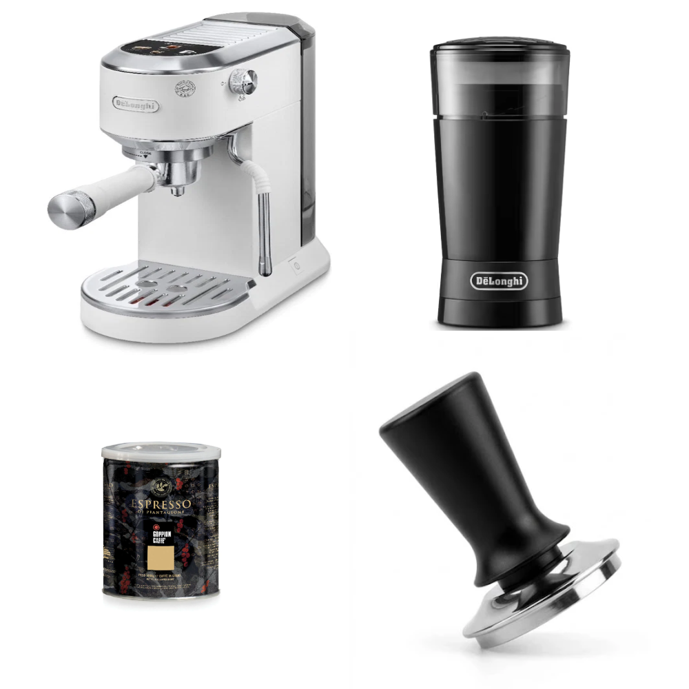 מכונת קפה ידנית Dedica DUO EC890 Delonghi + דוחסן קפה קפיצי מקצועי + מטחנת קפה ביתית דלונגי