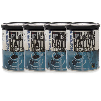 4 פחיות 250 גרם קפה טחון גופיון נטיבו נטול קפאין 100% ערביקה Goppion Nativo Decaf