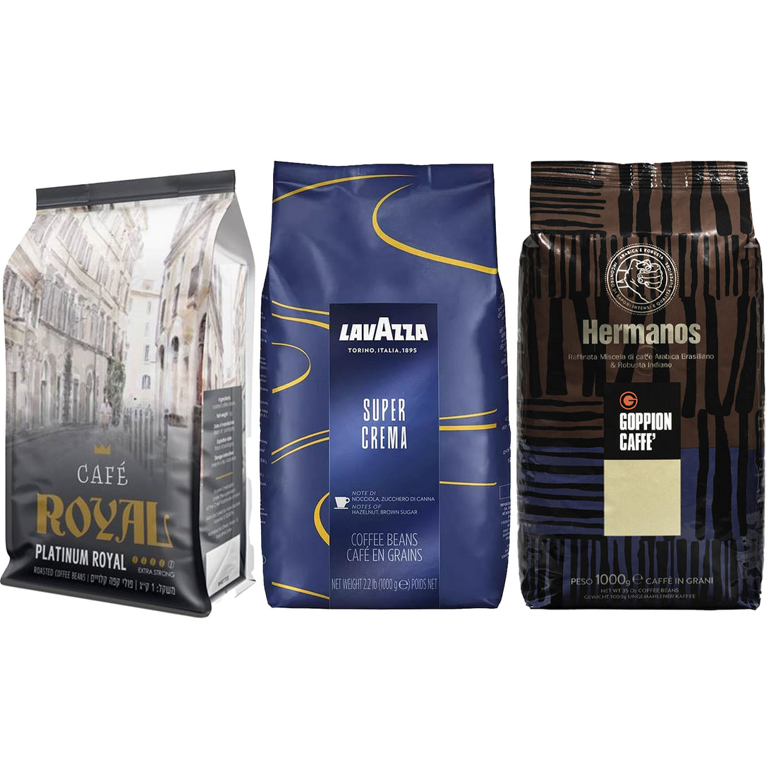 מבצע מארז 3 ק&quot;ג פולי קפה Lavazza Super Crema + Goppion Hermanos + Royal Platinum