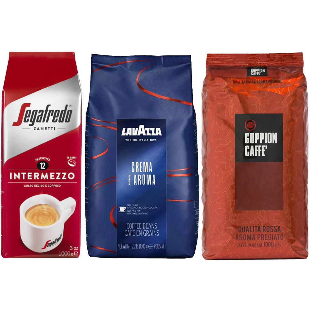 מבצע מארז 3 ק&quot;ג פולי קפה Lavazza Crema E Aroma + Goppion Rossa + Segafredo Intermezzo