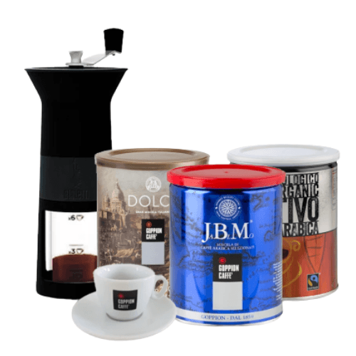 מבצע חגיגי - 3 פחיות פולי קפה גופיון + מטחנה ידנית ביאליטי (אדום/שחור) + 3 כוסות אספרסו - קפה רויאל (6586218872997)