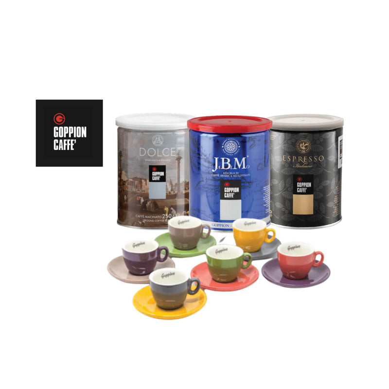 סט 6 ספלים קפוצ׳ינו בצבעים שונים ושלוש פחיות פולי קפה 250 גרם כל אחת GOPPION